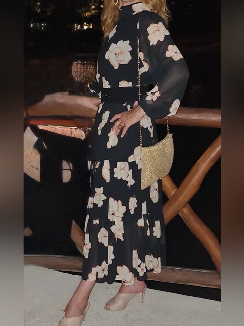 Who What Wear Black Floral Long Sleeve Tiered Midi Dress with Cream Blooms